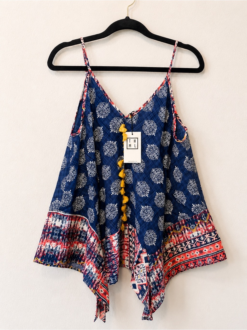 THML Navy Printed Spaghetti-Strap Handkerchief-Hem Tank with Yellow Tassels